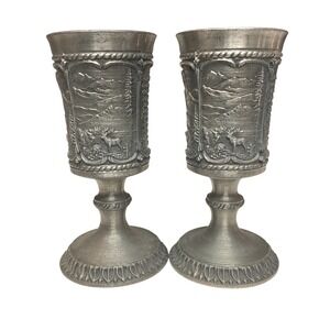 Vintage German Pewter Mini Goblets Pair 3" Zinn Figural Chalice Mountain Lodge